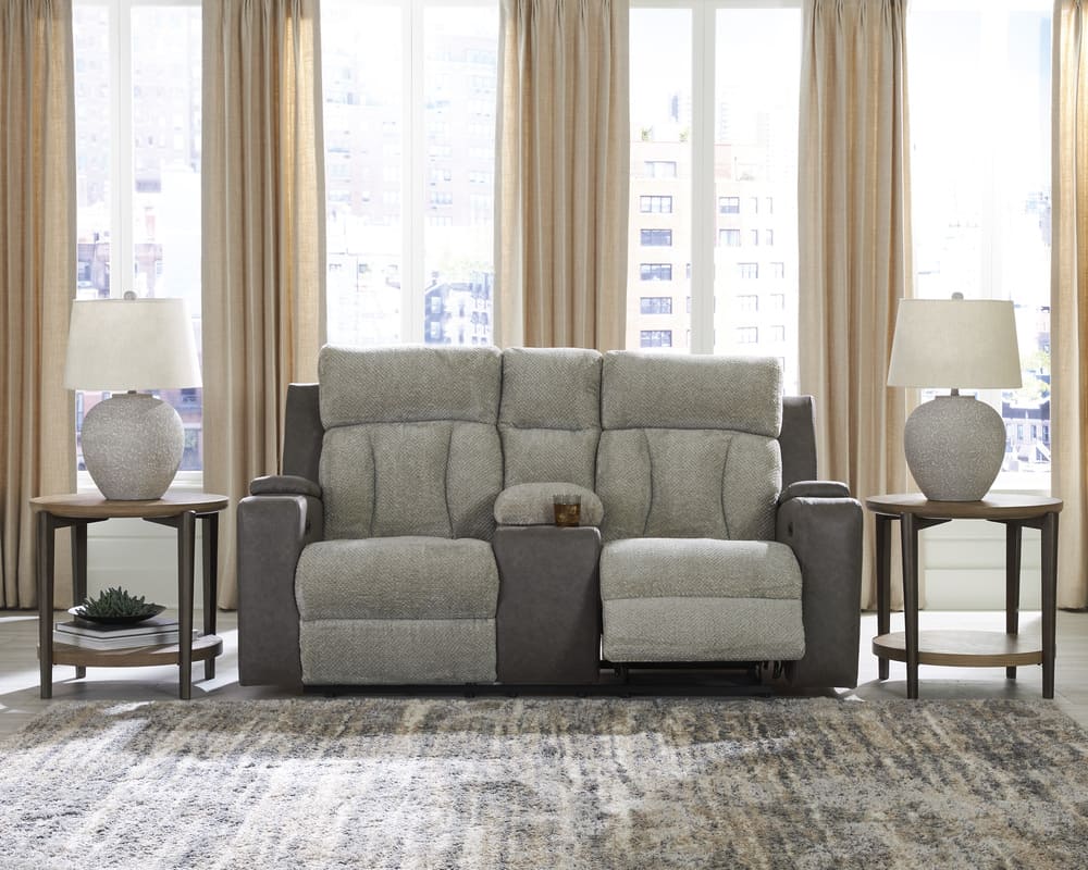 Ashley Stately Check Dual Power Reclining Loveseat with Console