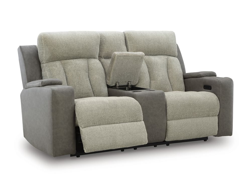 Ashley Stately Check Dual Power Reclining Loveseat with Console