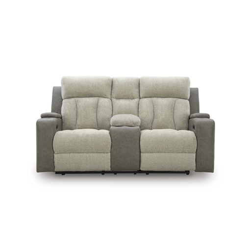 [6320418] Ashley Stately Check Dual Power Reclining Loveseat with Console