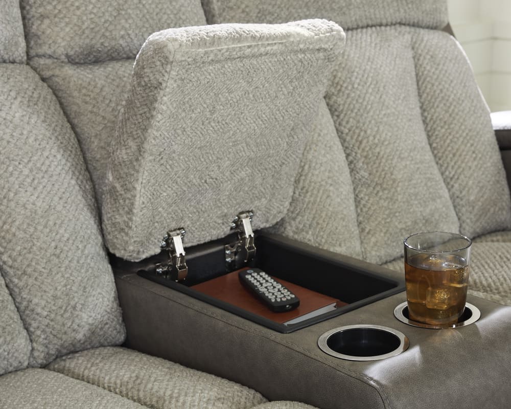 Ashley Stately Check Dual Power Reclining Loveseat with Console