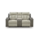 Ashley Stately Check Dual Power Reclining Loveseat with Console