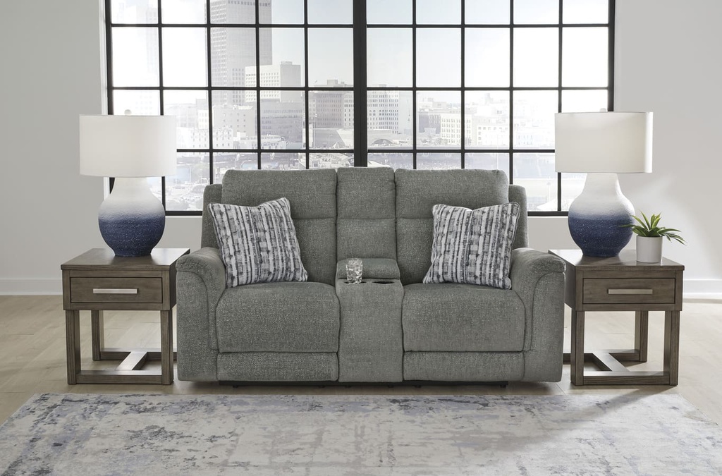 Ashley Overflow Next-Gen Nuvella™ Performance Fabric Dual Power Reclining Loveseat with Console