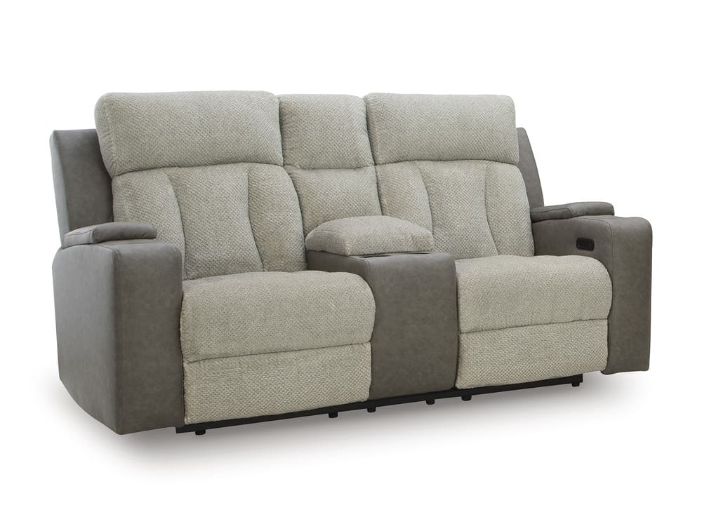 Ashley Stately Check Dual Power Reclining Loveseat with Console